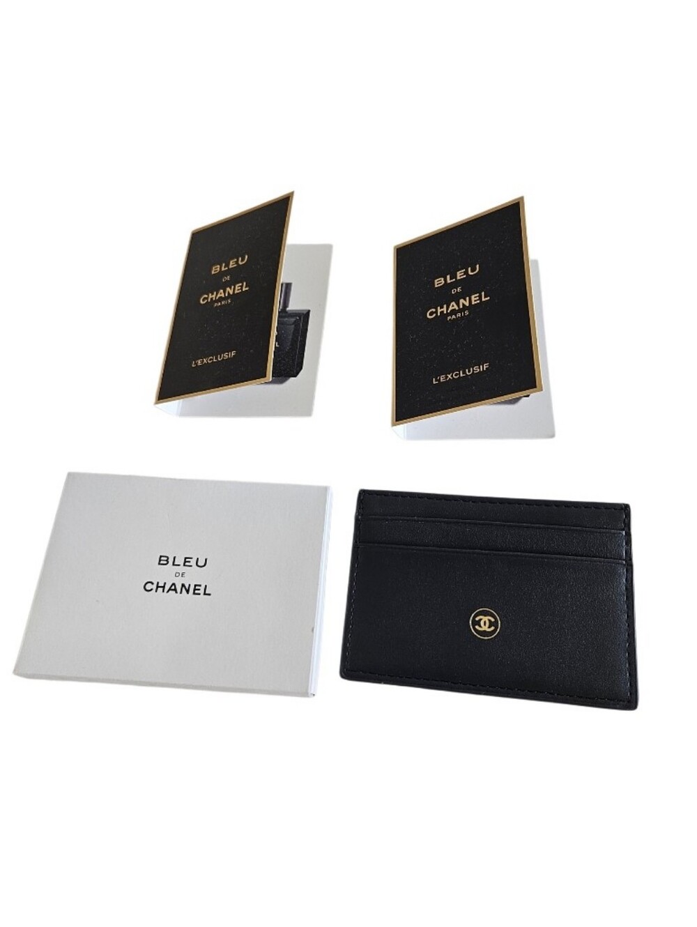 CHANEL Bleu de Men's Chanel Black Faux  Leather Card Holder with Two  Perfume
